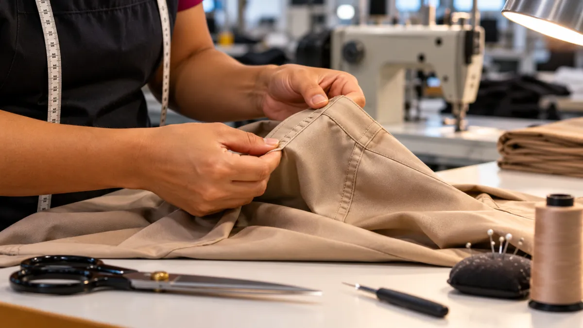 Profissional conferindo a costura de uma peça para identificar possíveis defeitos.