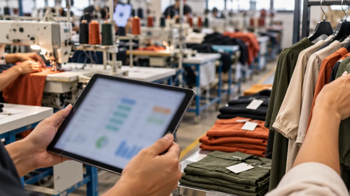 Acompanhamento digital das ordens de produção em uma fábrica de roupas.