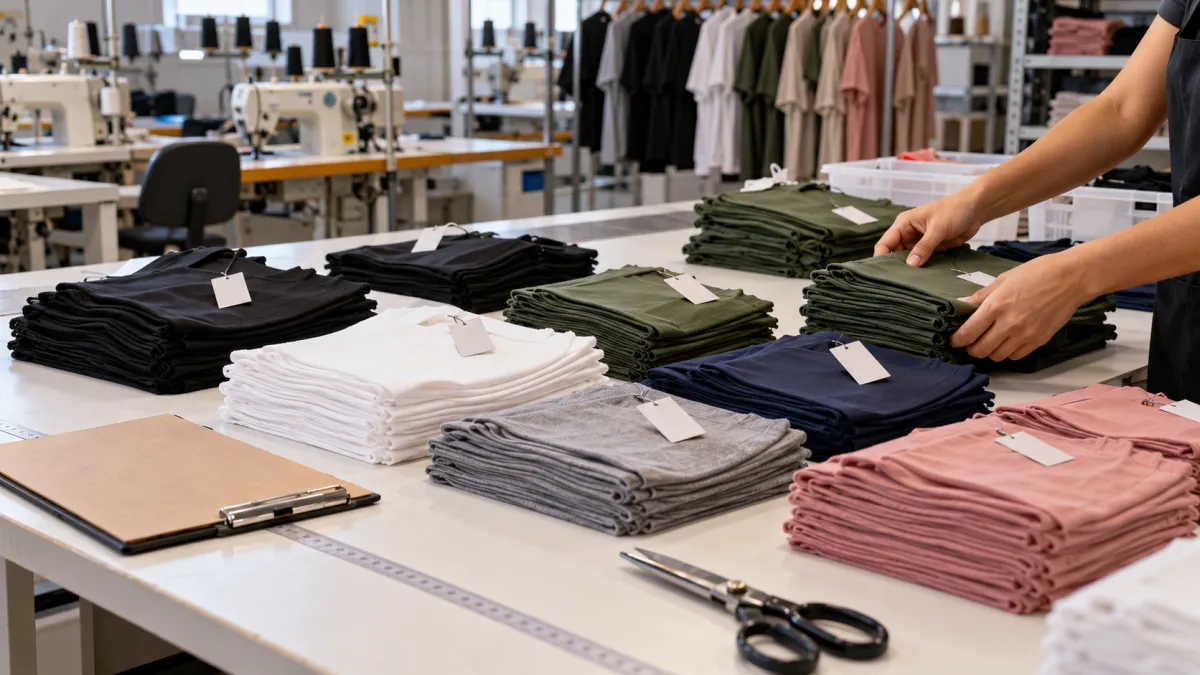 Lotes de roupas organizados por cor sobre a mesa de uma confecção.