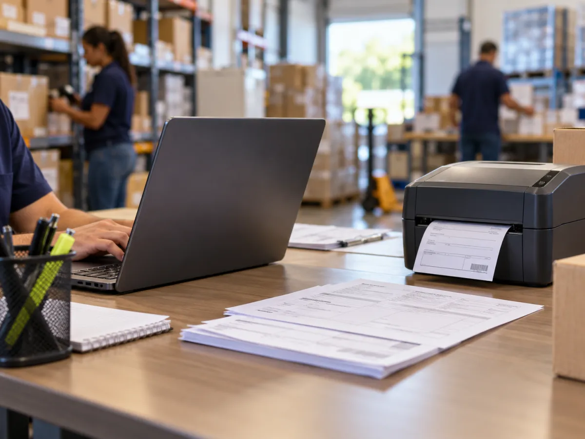 Notebook, impressora e documentos em uma empresa