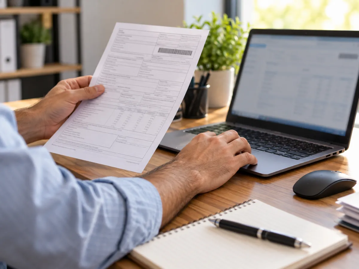 Profissional segurando uma nota fiscal e utilizando o notebook