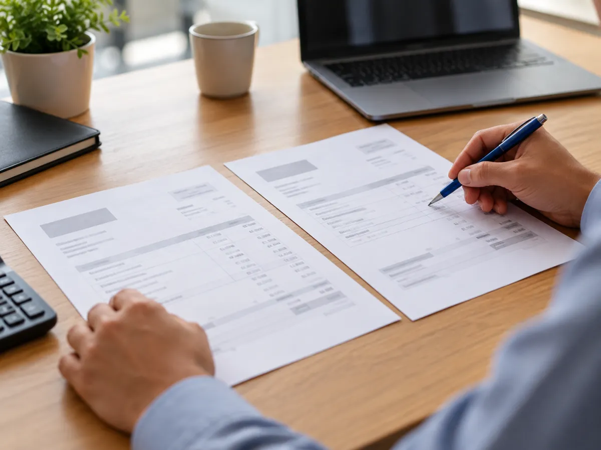 Profissional comparando dois documentos fiscais