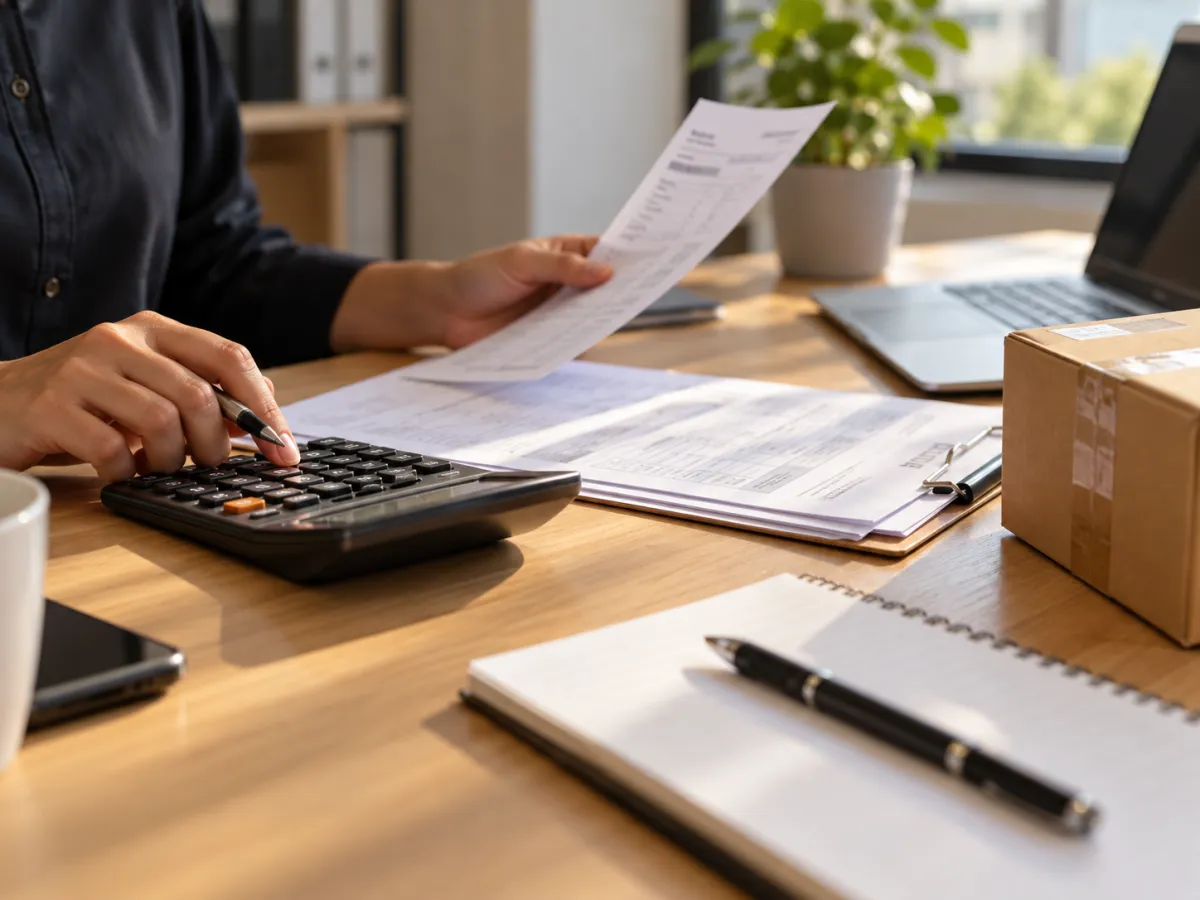 Calculadora, documentos e mercadoria