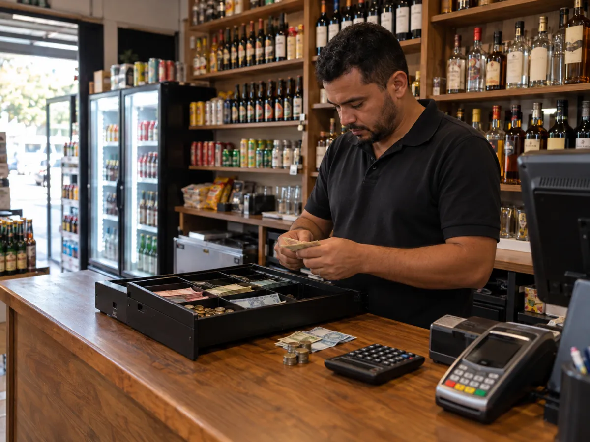 Funcionário realizando a contagem inicial de notas e moedas antes da abertura da adega
