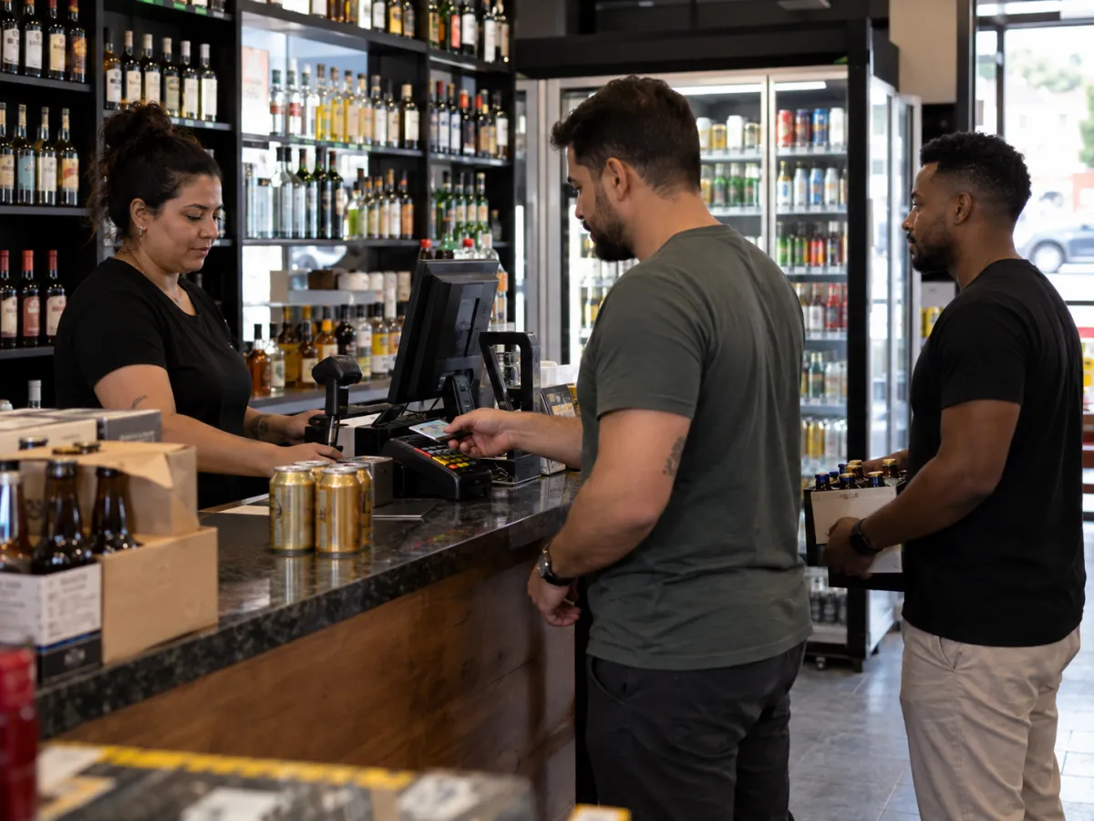 Operador finalizando uma compra de bebidas enquanto um cliente utiliza uma máquina de cartão