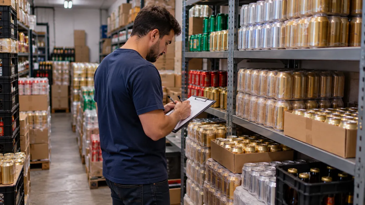 Funcionário realiza a contagem de fardos e latas de cerveja em uma área de armazenamento