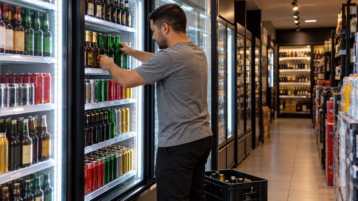 Funcionário organizando garrafas e latas de bebidas dentro de um refrigerador comercial