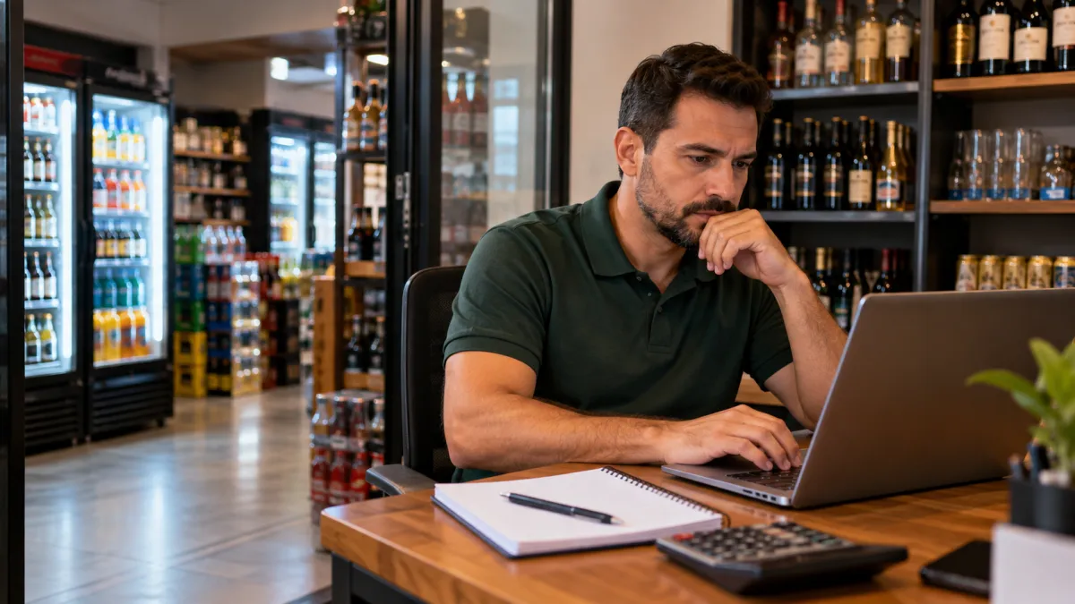 Proprietário da adega sentado em uma pequena mesa administrativa