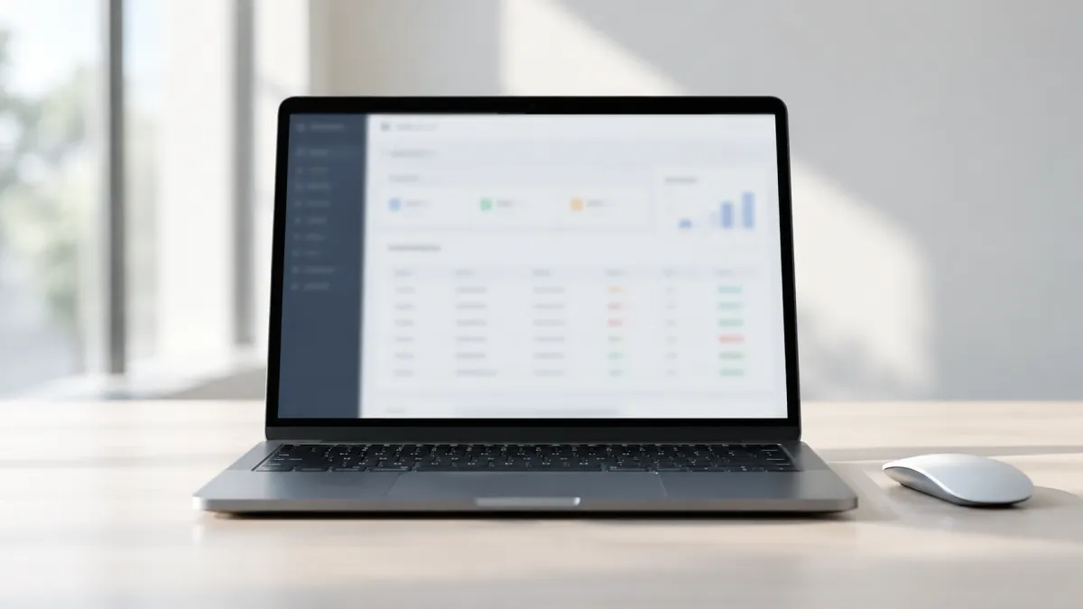 Notebook aberto sobre uma mesa clara, exibindo uma interface administrativa desfocada. Ao lado, apenas um mouse. Ambiente moderno, iluminação natural e fundo neutro.