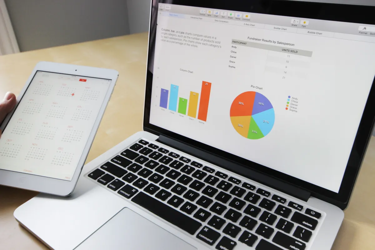 Mesa de trabalho com notebook e tablet exibindo dashboards e gráficos de dados, incluindo gráficos de pizza e barras, em uma apresentação de análise e relatórios.