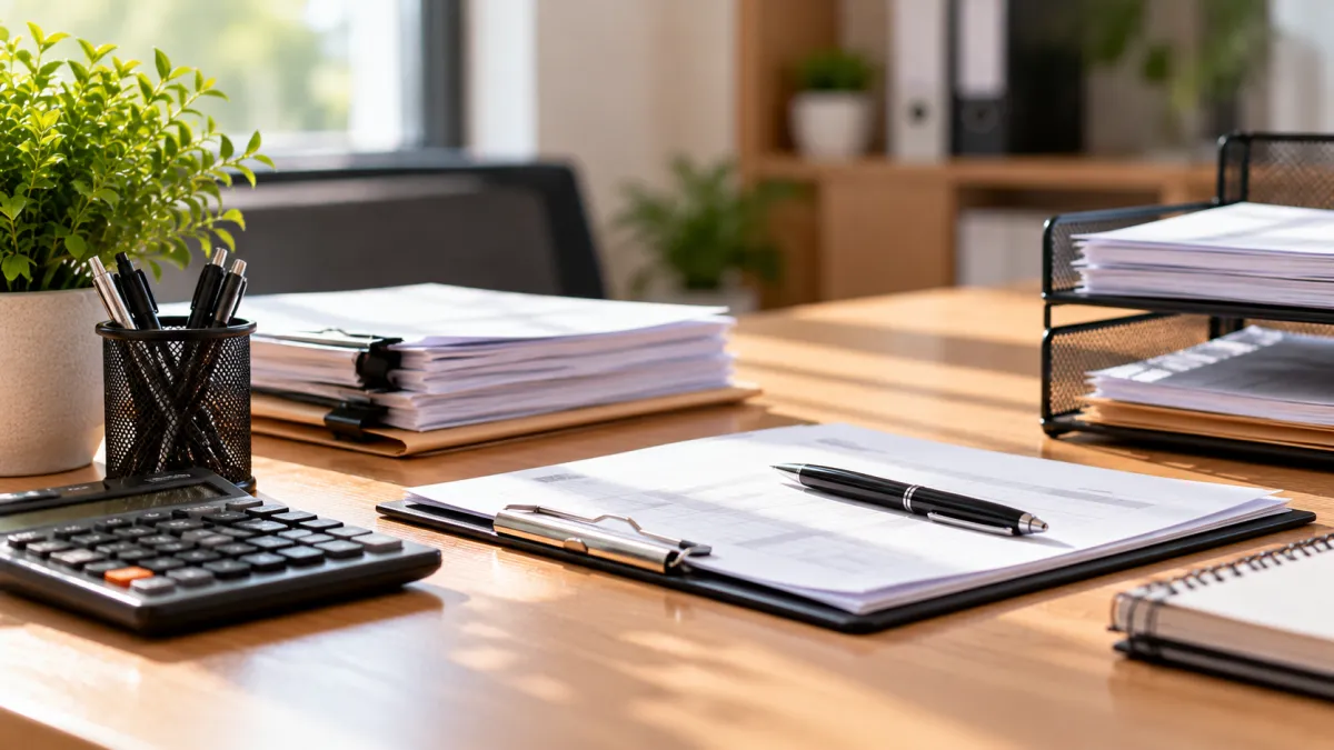 Espaço de trabalho organizado com documentos