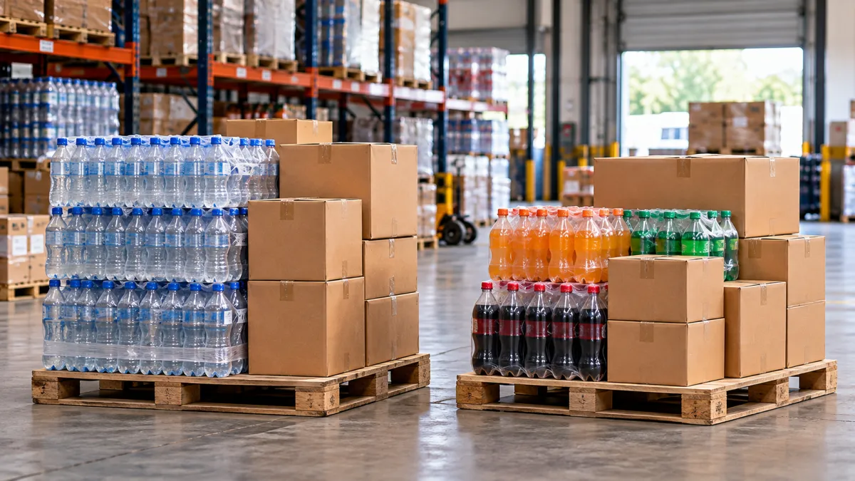 Paletes de bebidas no armazém
