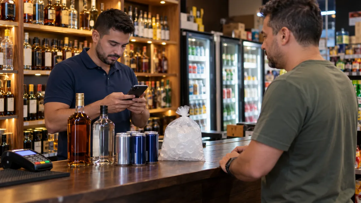 Funcionário de adega conferindo pagamento PIX antes de entregar bebidas ao cliente