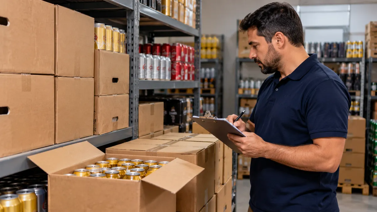 Conferência de bebidas no depósito