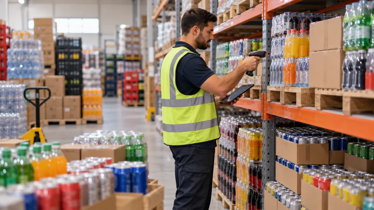 Funcionário conferindo bebidas em estoque com leitor de código de barras.