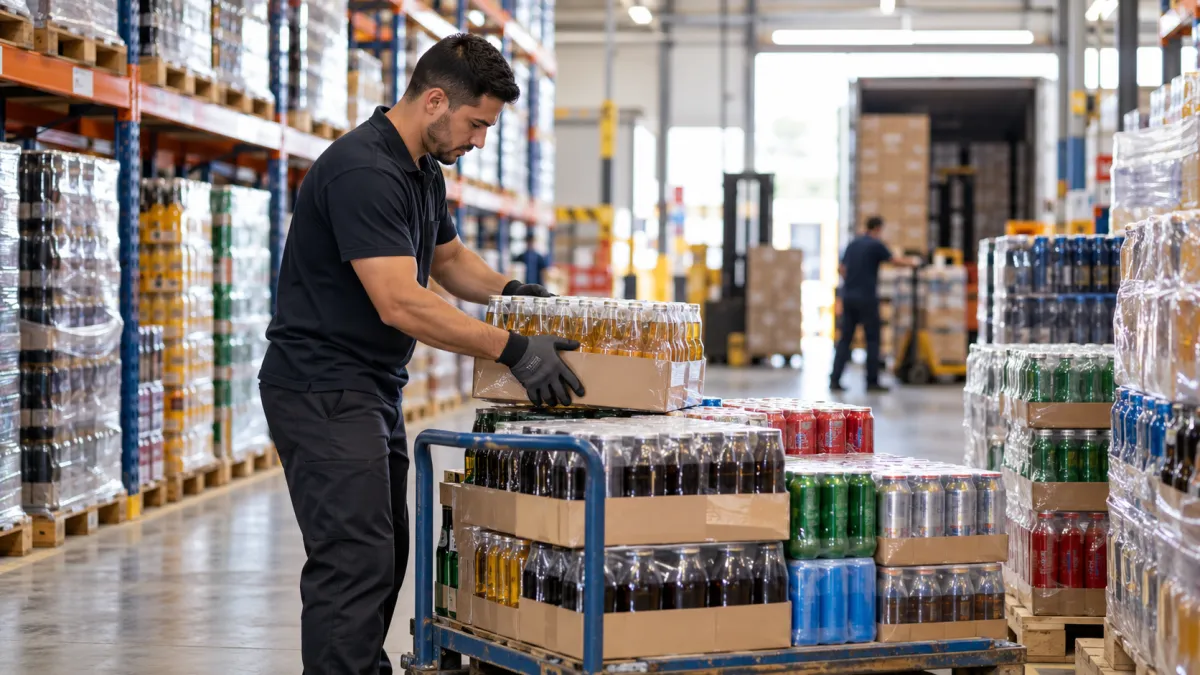 Funcionário organizando fardos e caixas de bebidas para entrega a clientes comerciais.