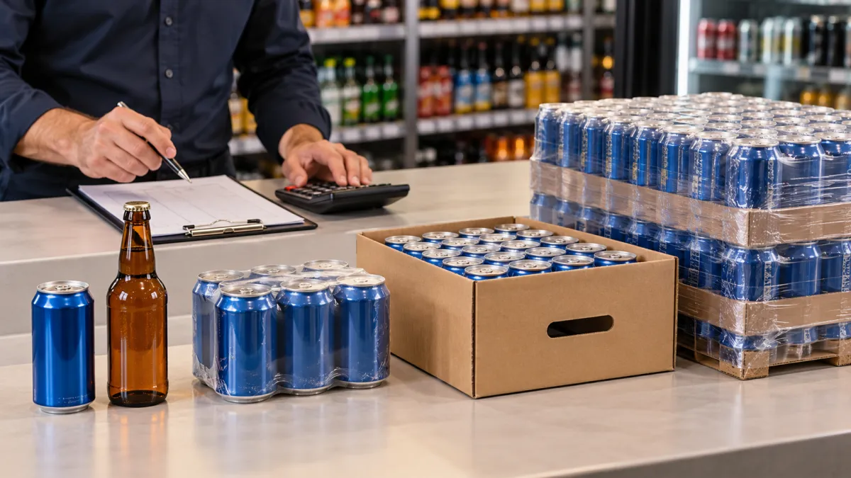 Latas, packs e caixas de bebidas organizados para comparação de preços por quantidade.