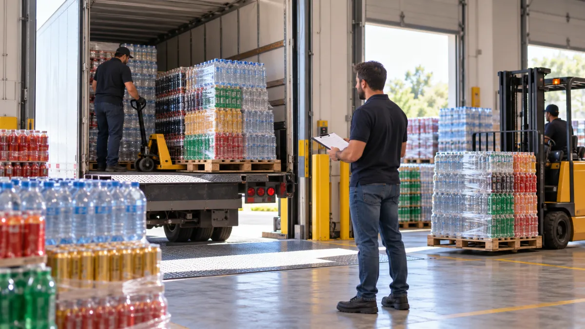 Caminhão recebendo paletes de bebidas, com funcionários acompanhando
