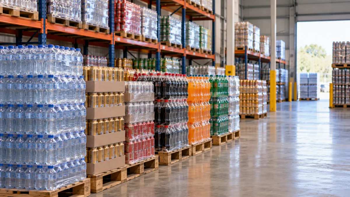 Depósito organizado com paletes de bebidas, sem funcionários