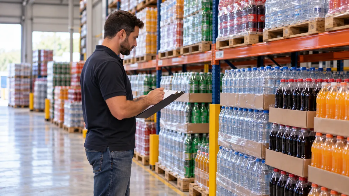 Funcionário verificando produtos nas prateleiras do estoque