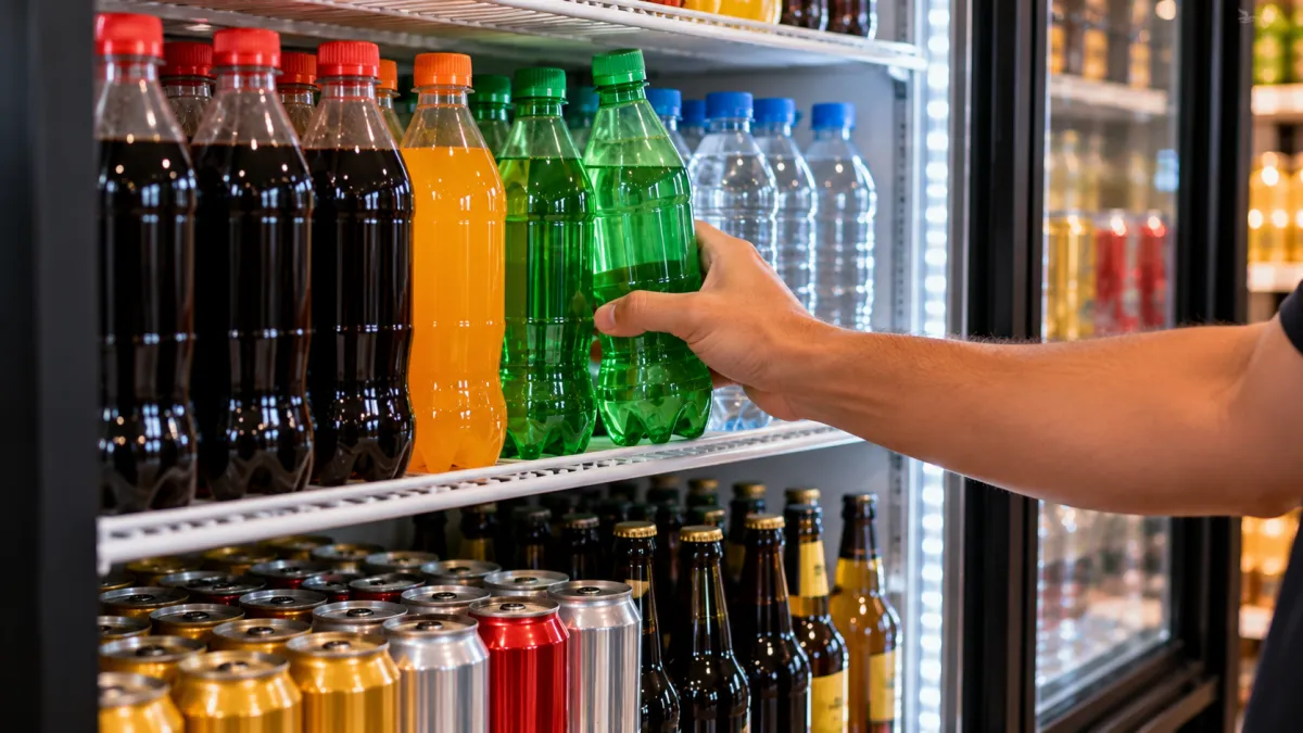 Mão escolhendo refrigerante verde no mercado