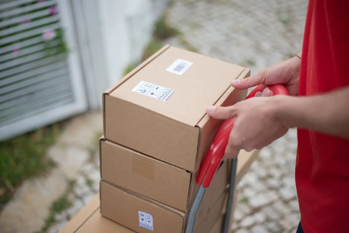 Entrega de encomenda em caixa de papelão com etiqueta de transporte, enquanto uma pessoa segura e manuseia o pacote na porta de casa. Serviço de delivery.