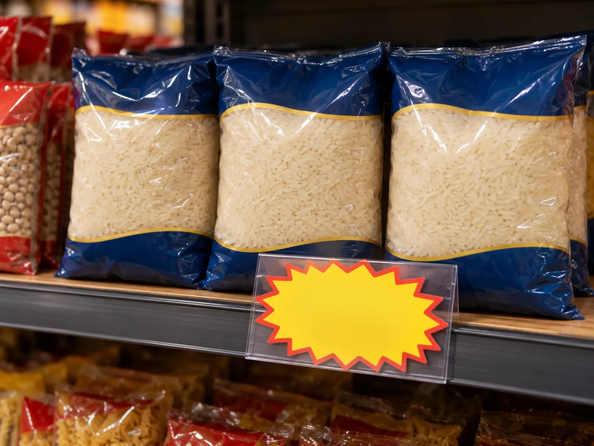 Pacotes de arroz com etiqueta promocional