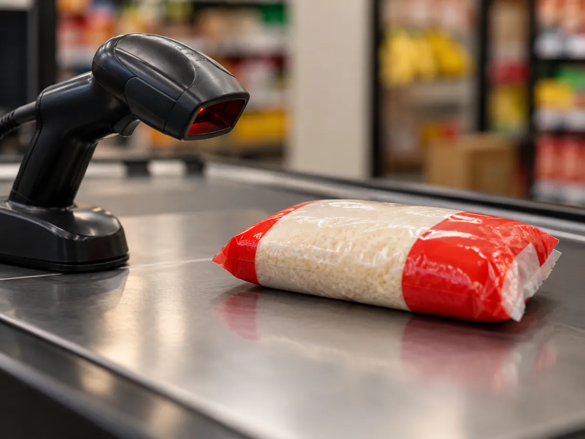 Leitor de código de barras com pacote de arroz