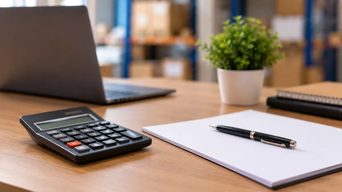 Workspace organizado com calculadora e papéis